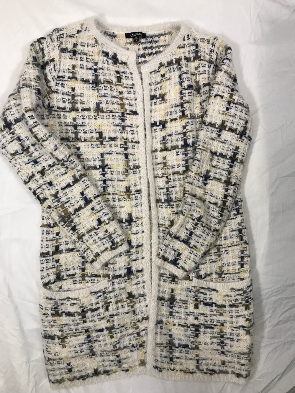Coco + Carmen Cream Bouclé Cardigan with Navy & Gold Threading